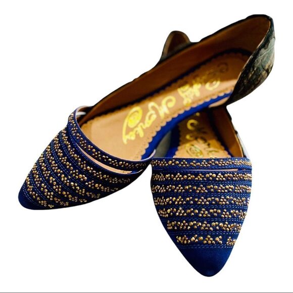 Blue Suede Leather Point Toe Gold Rhinestone Studded Ballet Slip on Loafers NEW - Picture 1 of 4